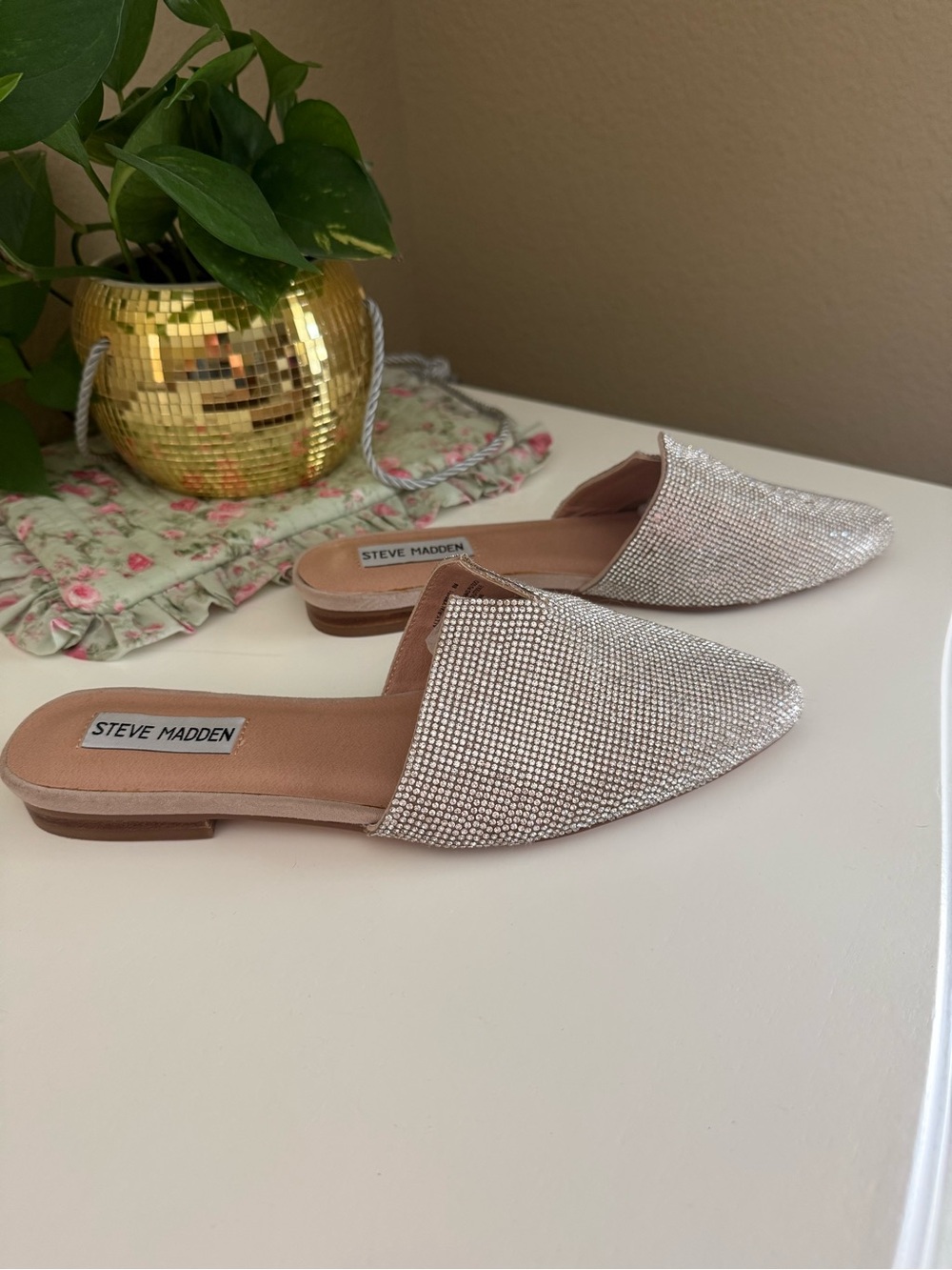 Steve Madden Women's Crystal Embellished Silver Slip-On Mule